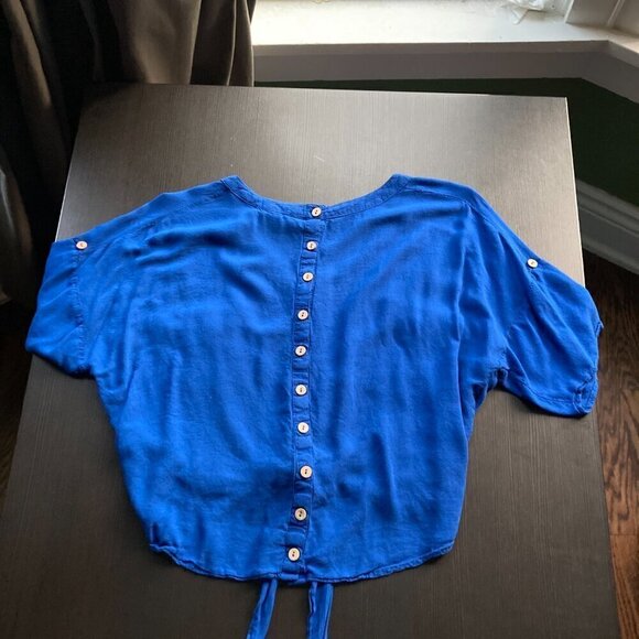 MINE =COBOLT BLUE button down tie front short sleeve shirt Oversized size small - Picture 3 of 10